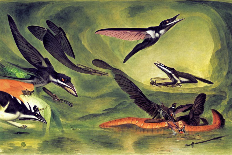 Prehistoric Pterosaurs with Large Wingspans Soaring Above Primal Landscape