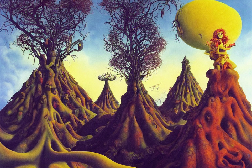 Surreal landscape with twisted trees and person under yellow sky