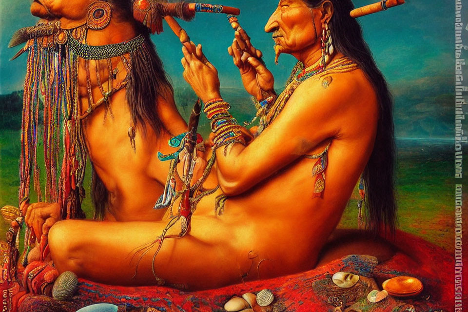 Colorful painting of Native Americans making music in traditional attire