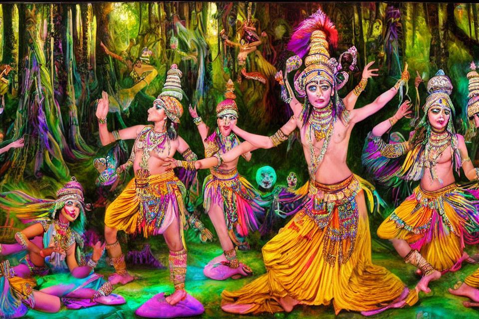 Colorful Traditional Indian Dance Performance in Forest Setting