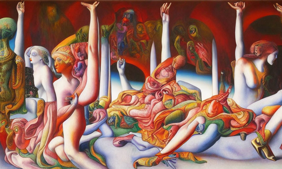 Colorful Surrealist Painting with Abstract Figures and Distorted Anatomy