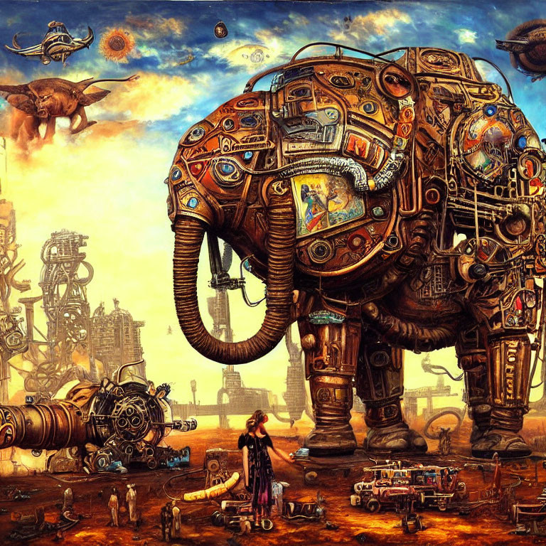 Surreal steampunk scene with giant mechanical elephant and fantastical flying objects