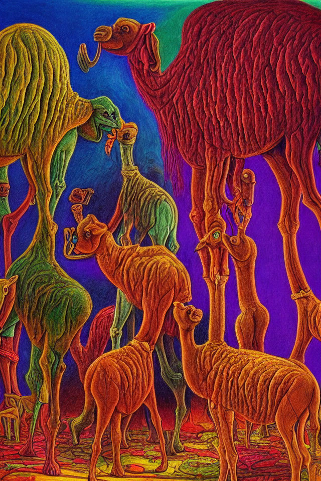 Colorful Psychedelic Illustration of Camel-Like Creatures in Surreal Landscape