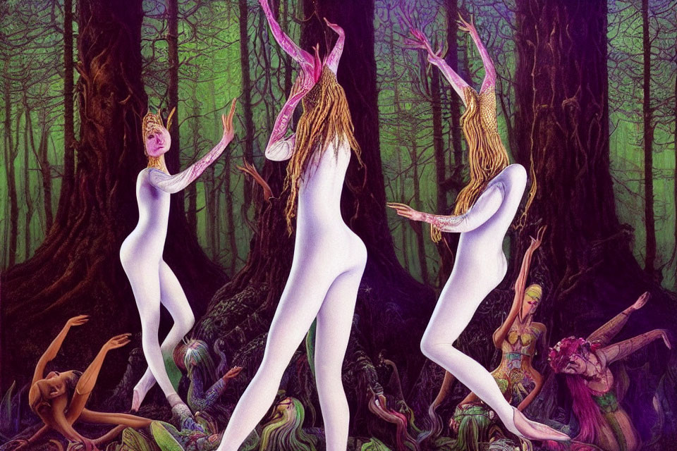 Elongated humanoid figures dancing in vibrant forest setting