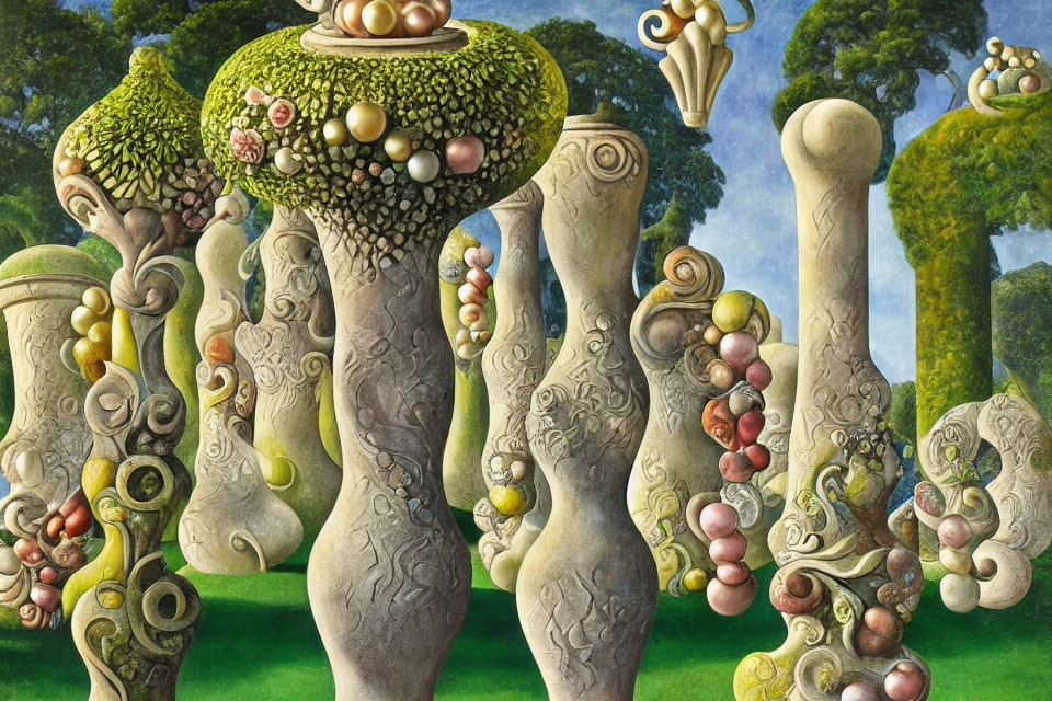 Surreal painting of organic structures with pearl-like growths in a vibrant landscape