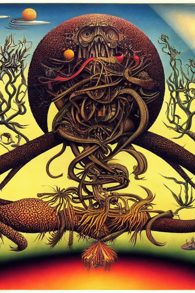 Intricate surreal creature with tentacles on alien landscape