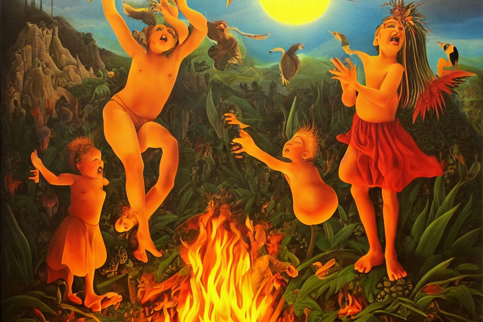 Colorful painting of dancing figures around fire in nature setting