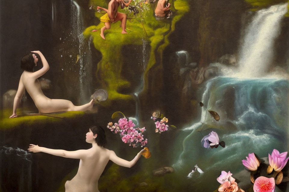 Surreal painting: nude figures, waterfall, flowers, butterflies