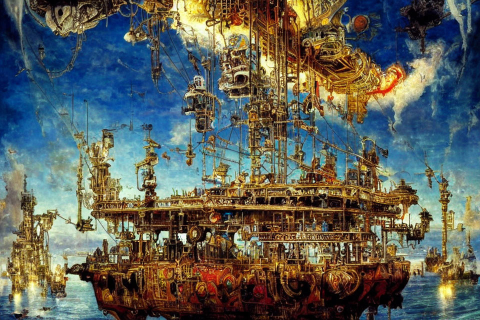 Elaborate Steampunk Floating City with Airships in Blue Sky