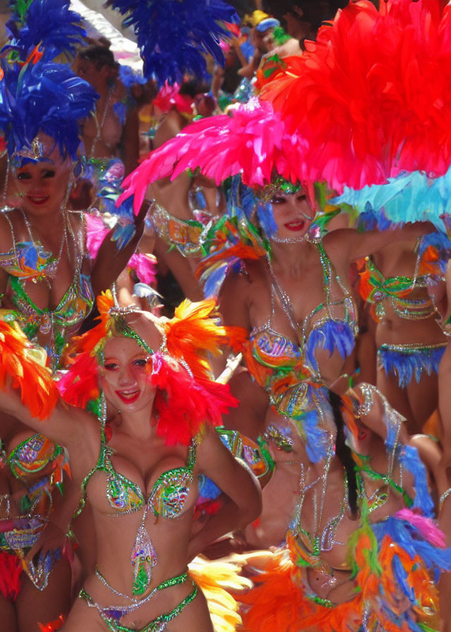 Vibrant carnival parade with smiling dancers in colorful costumes