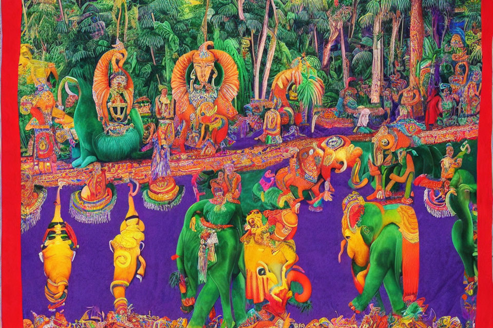 Colorful Hindu deities tapestry with jungle, elephants, and mythical creatures