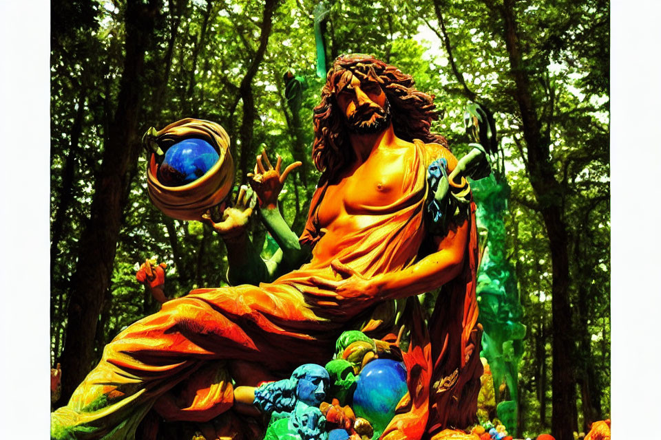 Colorful Bearded Man Statue with Globe in Forest Setting