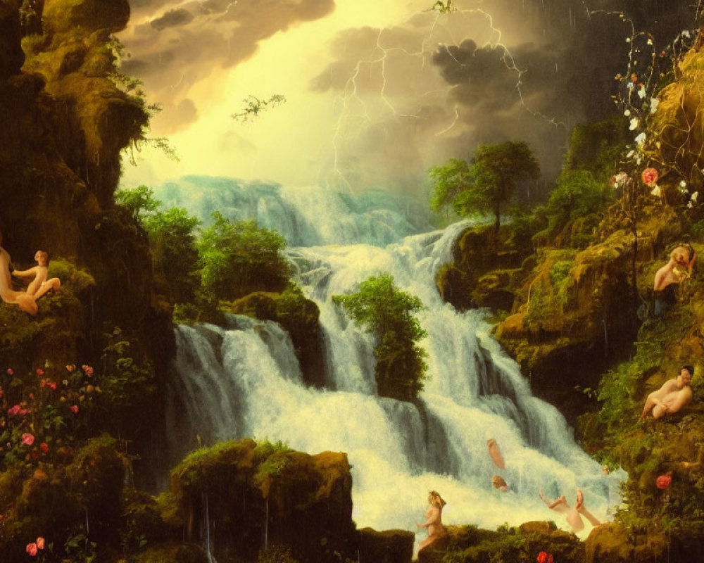 Lush waterfall landscape with ethereal figures lounging under stormy sky