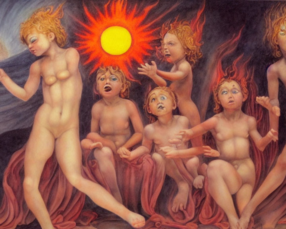 Seven humanoid figures in radiant sun and moonlight on fiery backdrop