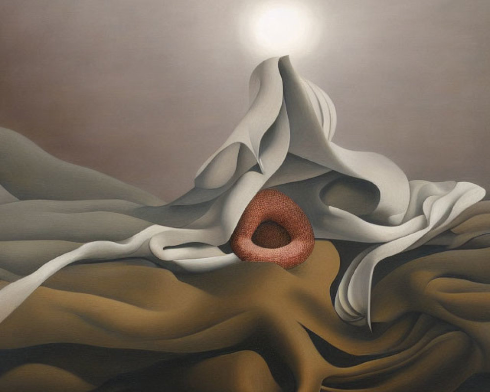 Abstract surreal landscape with draped fabric forms and central eye-like hole under white orb in brown sky