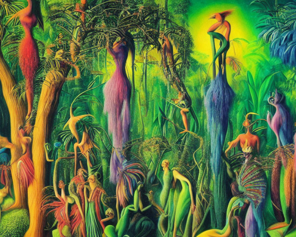 Abstract, colorful jungle scene with humanoid shapes and bird-like creatures