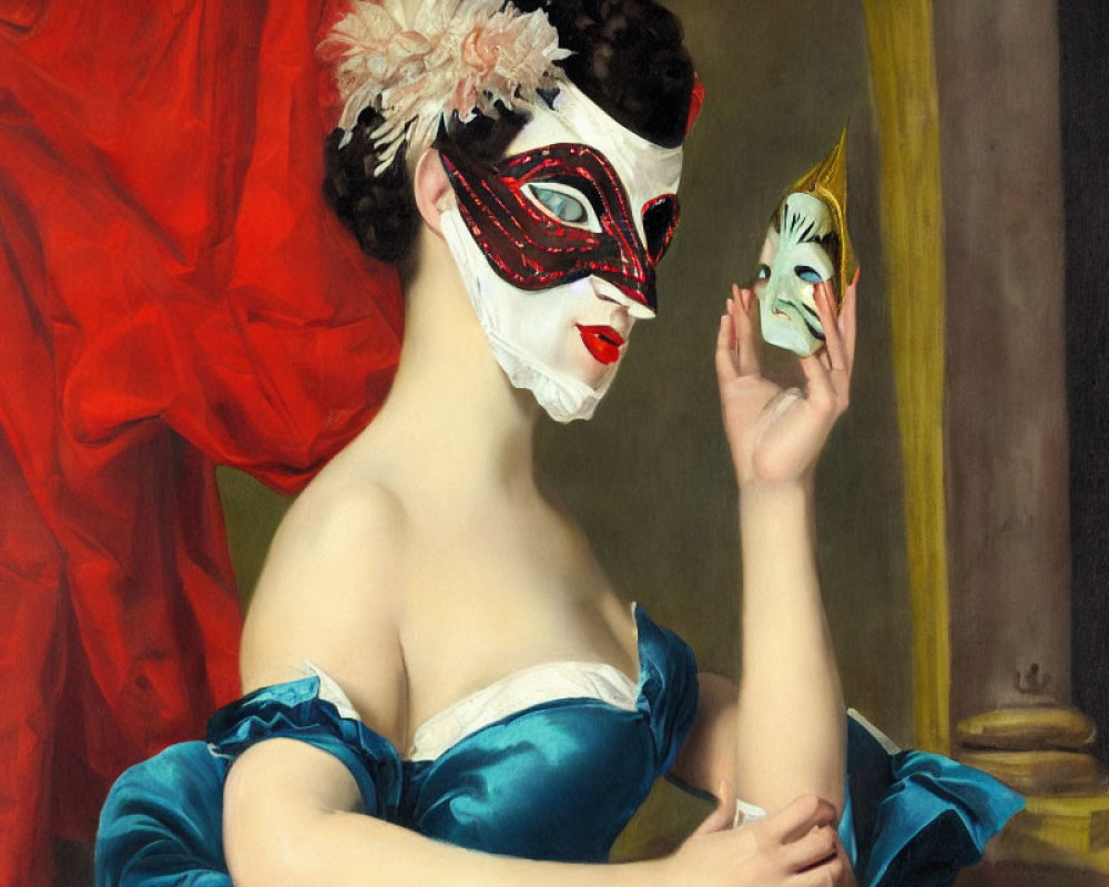 Woman in Blue Dress Holding Venetian Mask with Red Drape Background