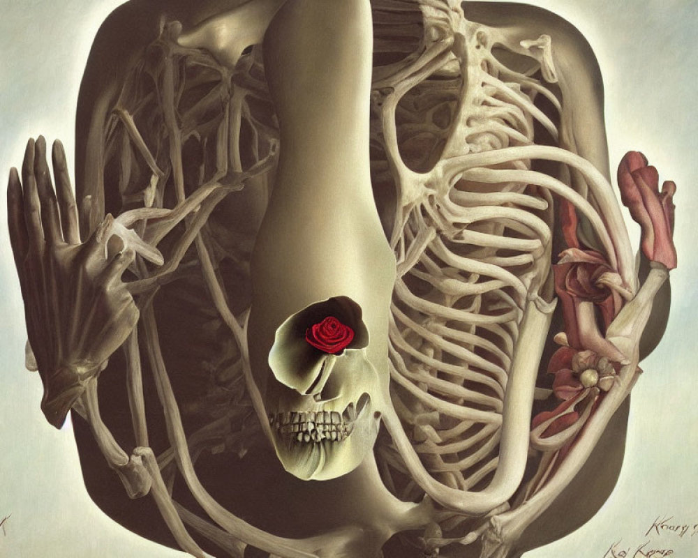 Artistic depiction of two human skeletons embracing with a red rose.