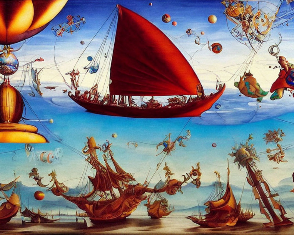 Vibrant fantasy artwork: red-sailed ships, whimsical characters, and surreal sky