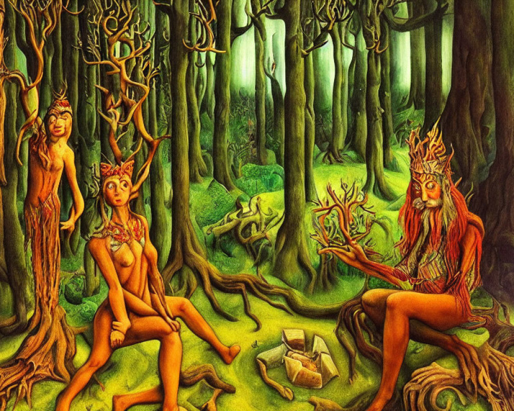 Fantasy forest scene with old man and tree-like women in mystical setting