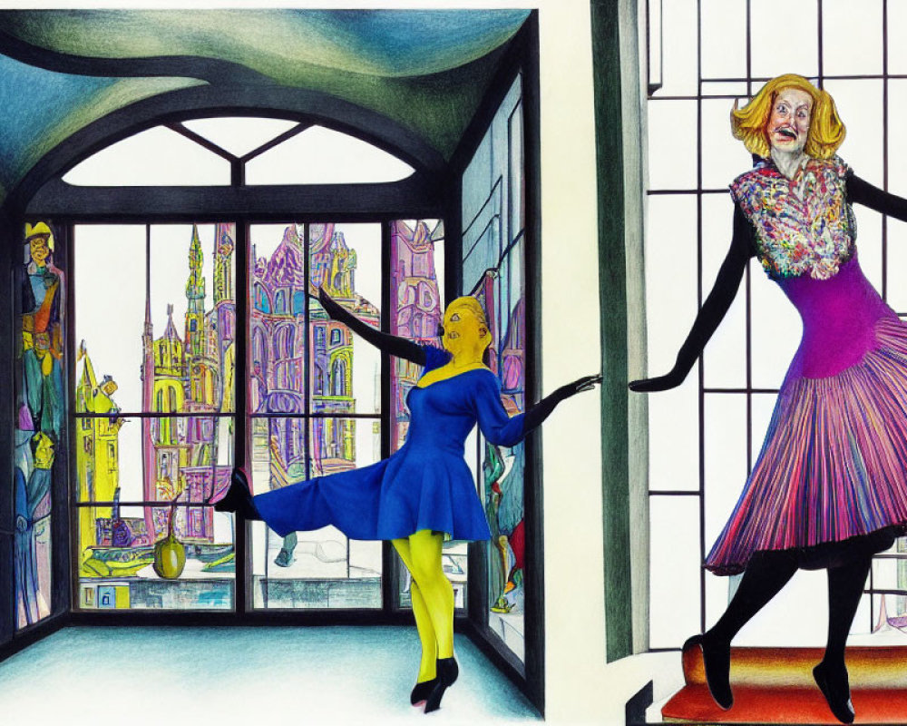 Vibrant illustration: Two women dancing in colorful room with cityscape view