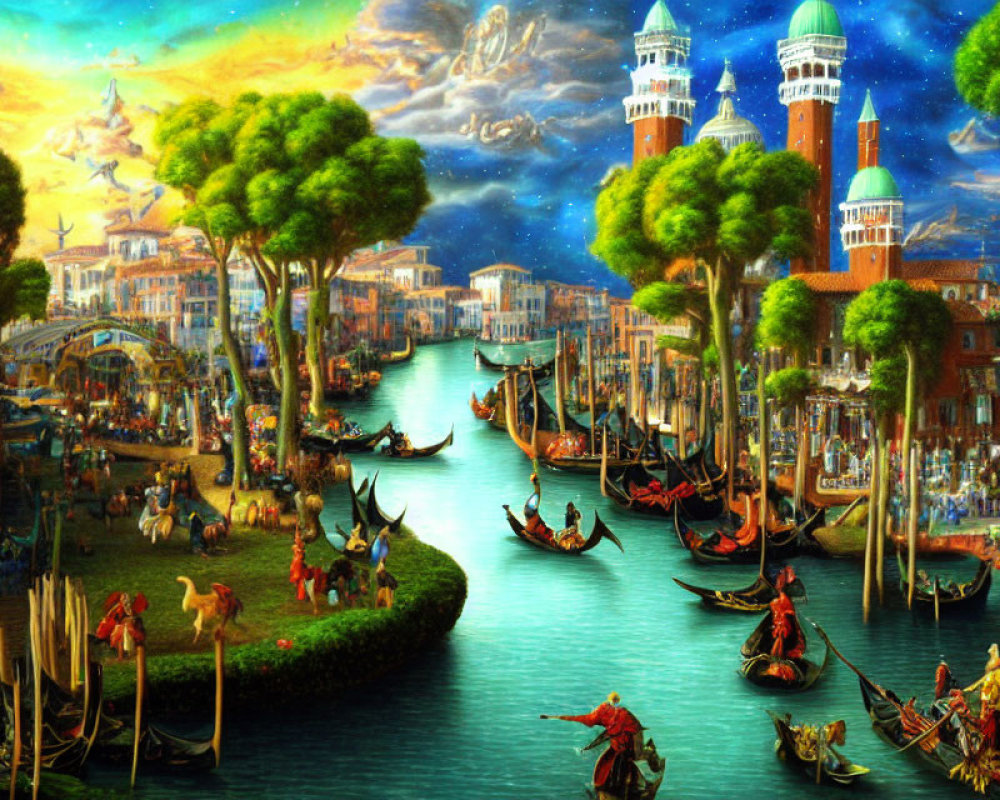 Colorful Venice Scene with Gondolas and Floating Islands