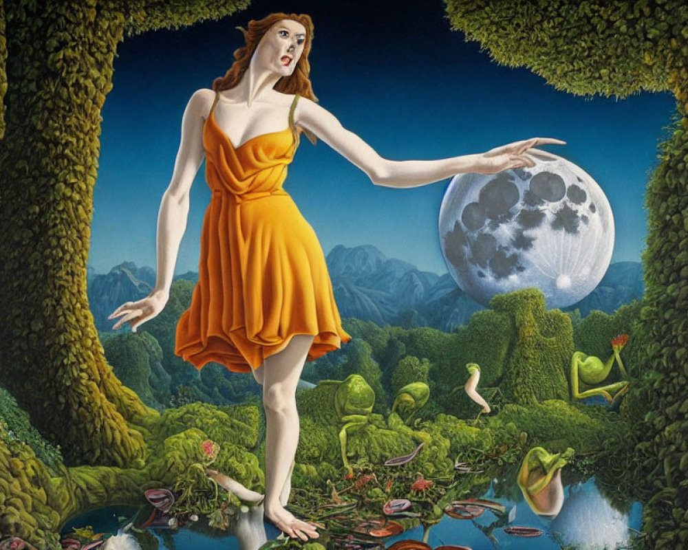 Woman in orange dress in surreal landscape with giant moon, frog, water lilies, foliage, and