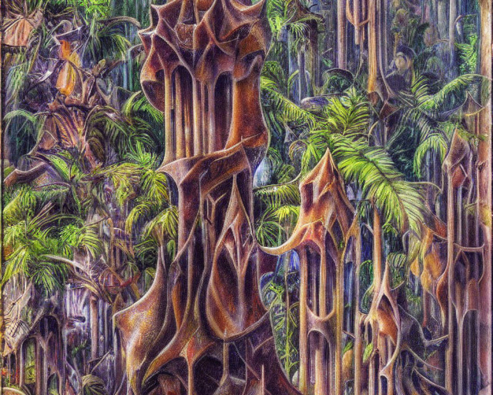 Surreal painting of organic architecture in dense tropical foliage