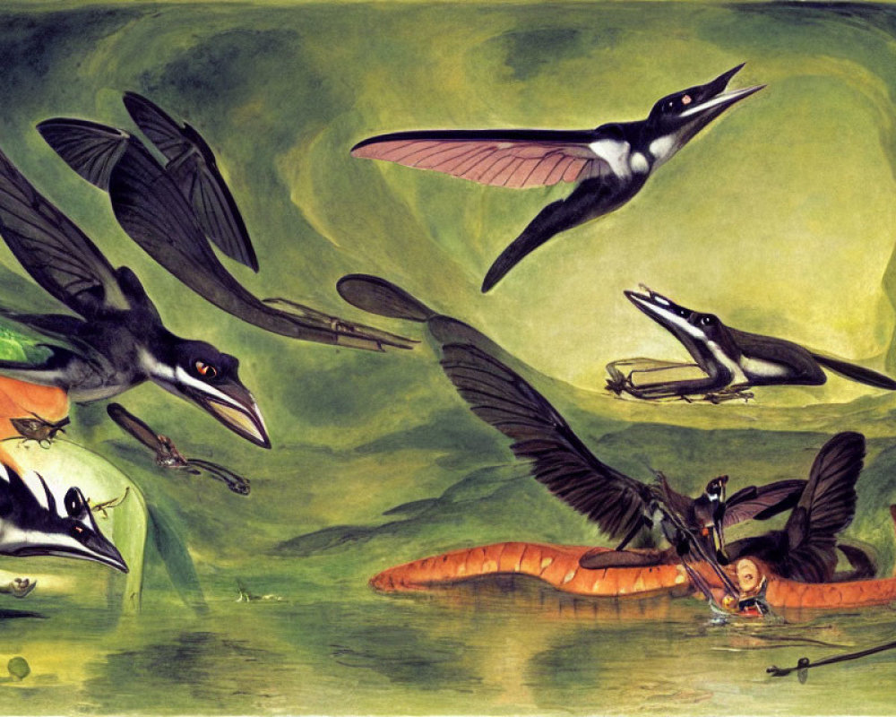 Prehistoric Pterosaurs with Large Wingspans Soaring Above Primal Landscape