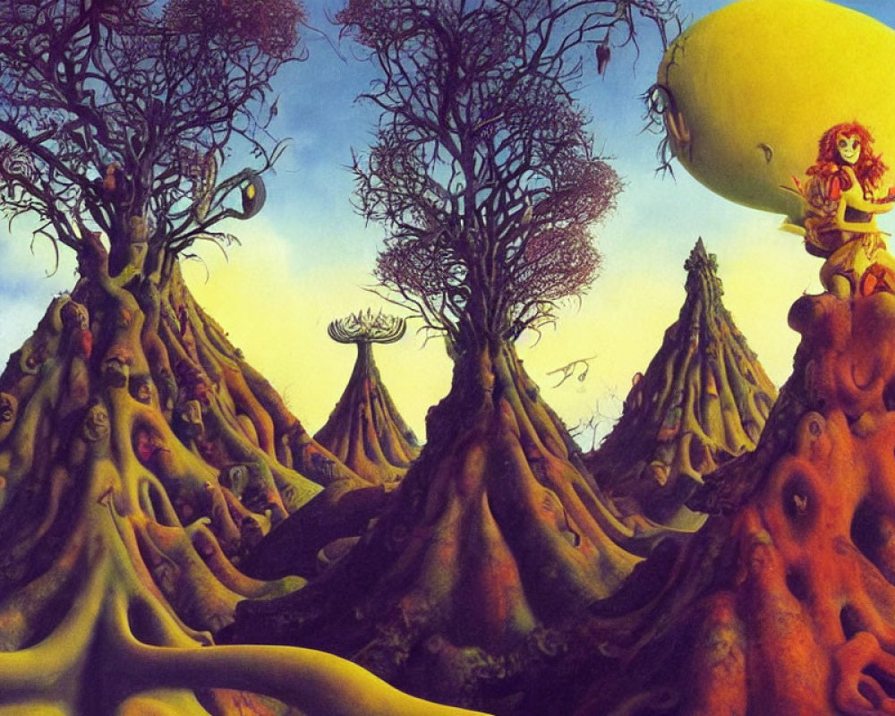 Surreal landscape with twisted trees and person under yellow sky