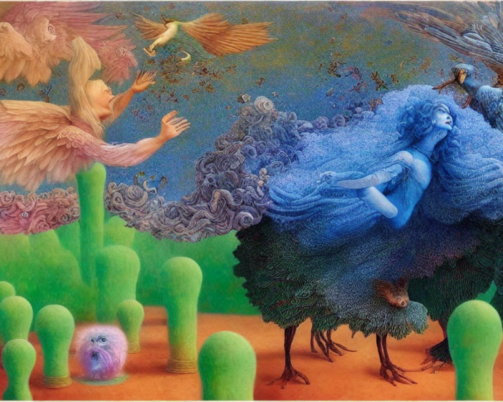 Fantastical artwork featuring blue-haired beings, winged creatures, surreal greenery, and whimsical