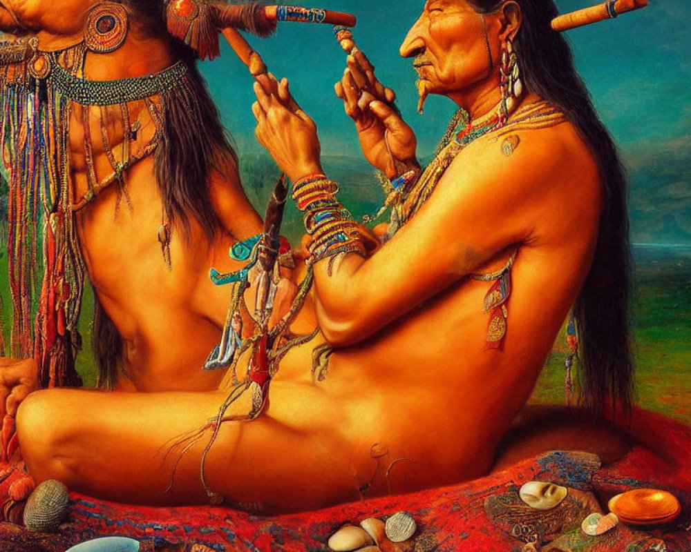 Colorful painting of Native Americans making music in traditional attire