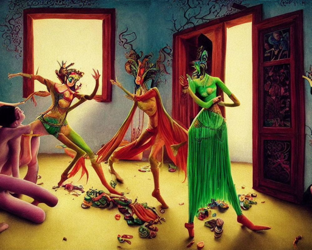 Colorful mythical creatures dancing in a room with artifacts and dramatic lighting