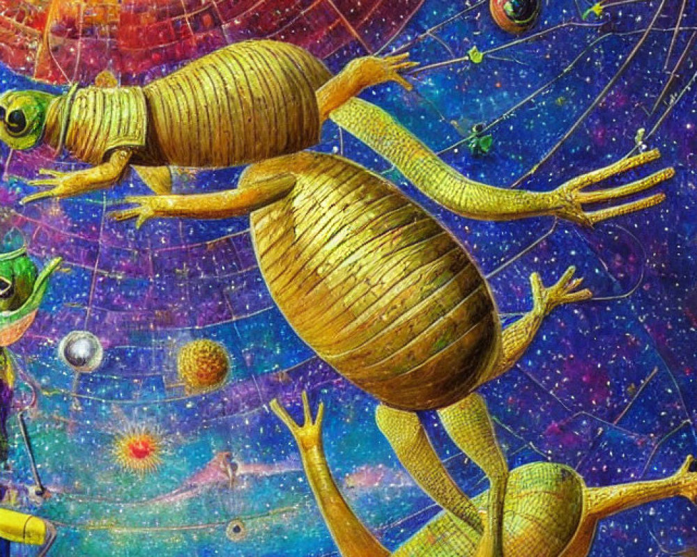 Surreal artwork: Human-like figures with insect heads in cosmic scene