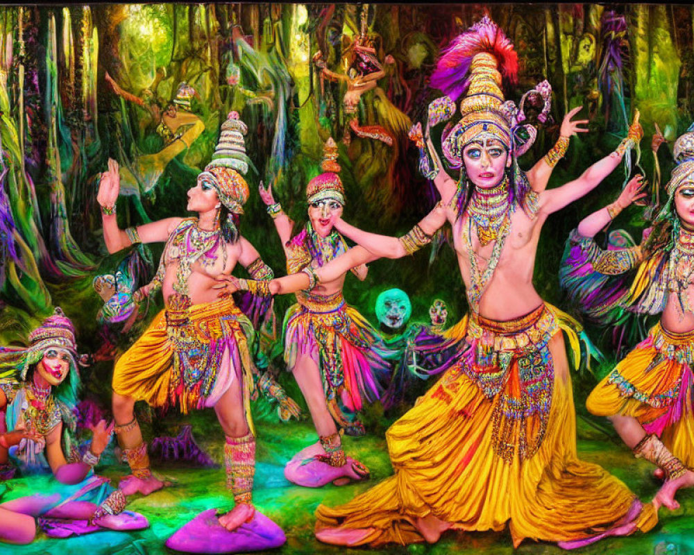 Colorful Traditional Indian Dance Performance in Forest Setting