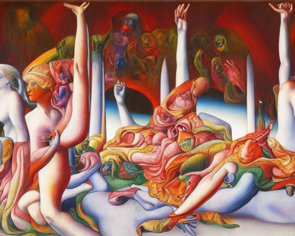 Colorful Surrealist Painting with Abstract Figures and Distorted Anatomy