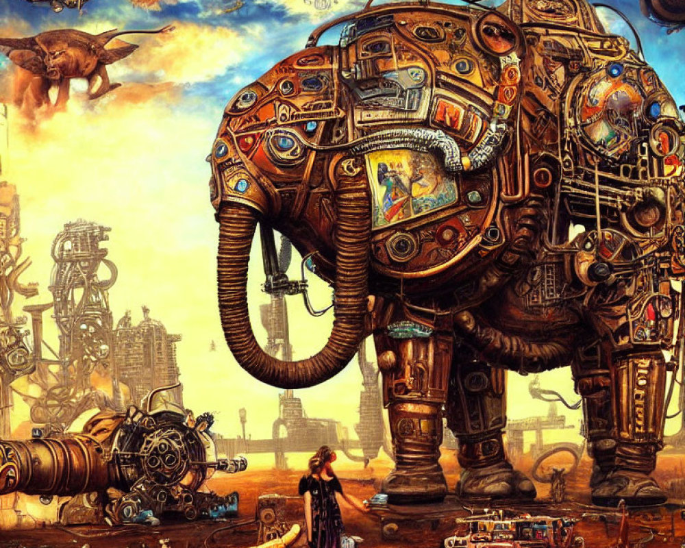 Surreal steampunk scene with giant mechanical elephant and fantastical flying objects