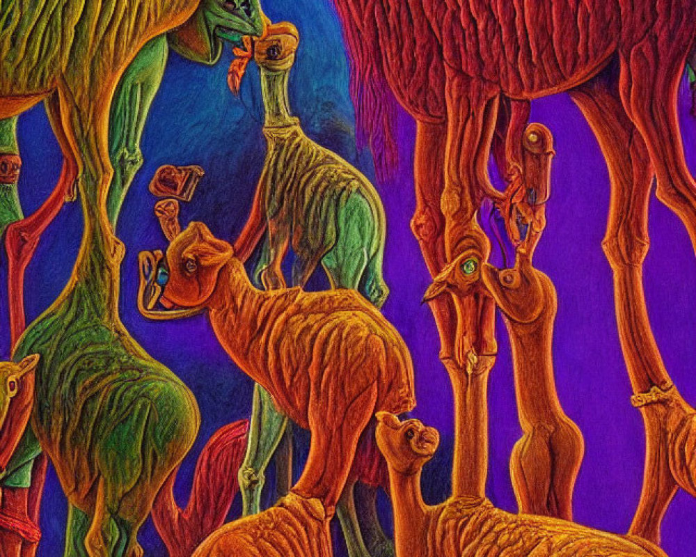 Colorful Psychedelic Illustration of Camel-Like Creatures in Surreal Landscape