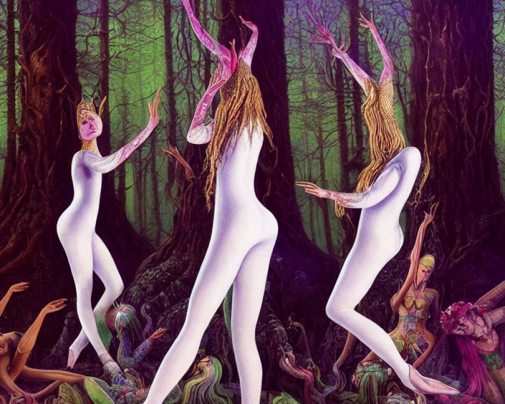 Elongated humanoid figures dancing in vibrant forest setting