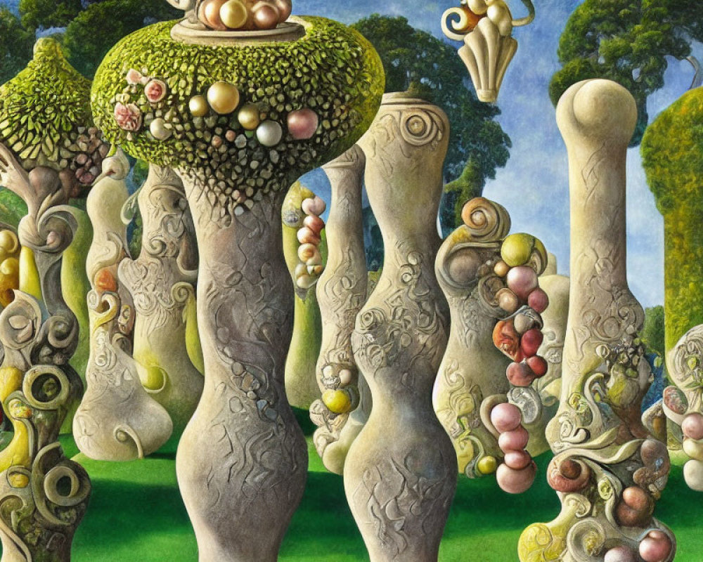 Surreal painting of organic structures with pearl-like growths in a vibrant landscape