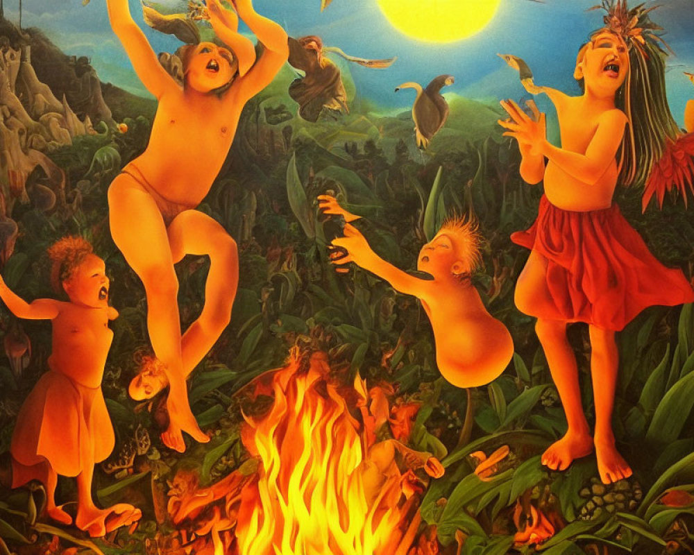 Colorful painting of dancing figures around fire in nature setting