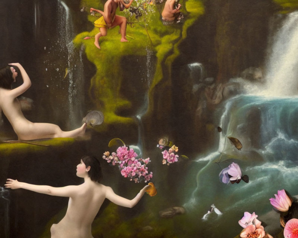 Surreal painting: nude figures, waterfall, flowers, butterflies