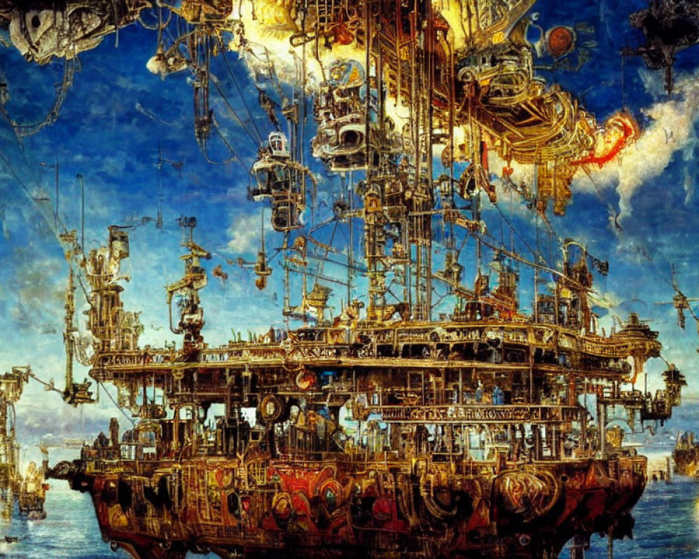 Elaborate Steampunk Floating City with Airships in Blue Sky