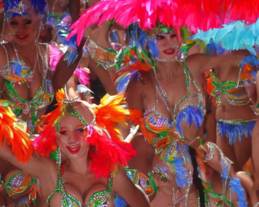 Vibrant carnival parade with smiling dancers in colorful costumes