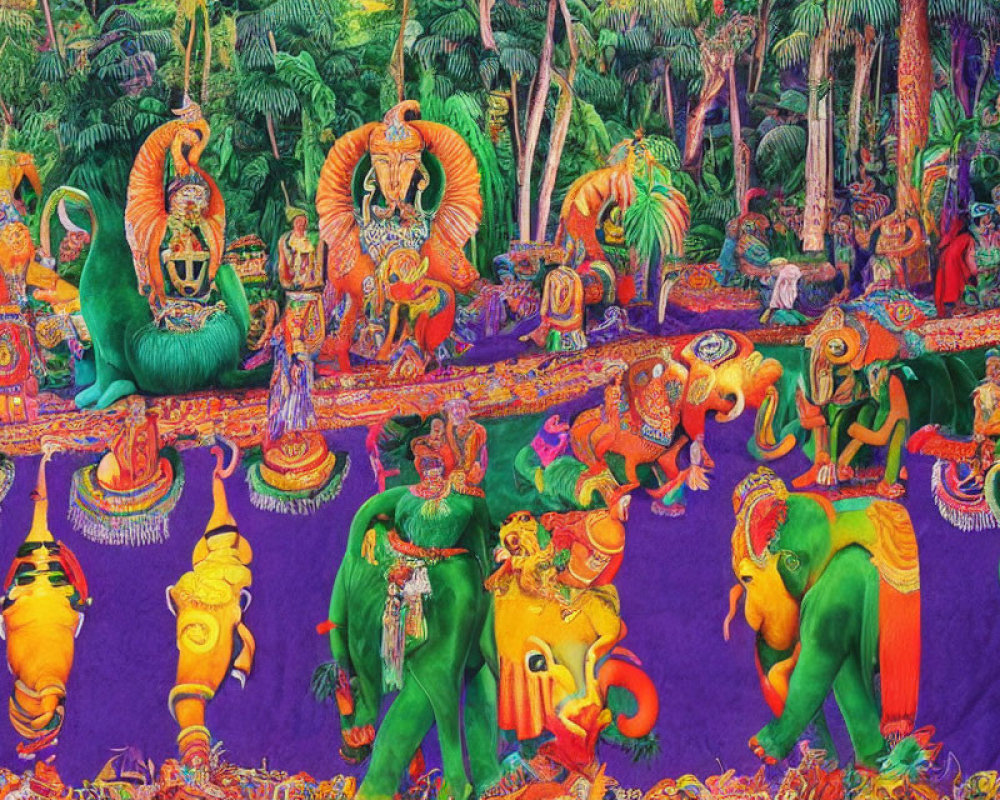 Colorful Hindu deities tapestry with jungle, elephants, and mythical creatures