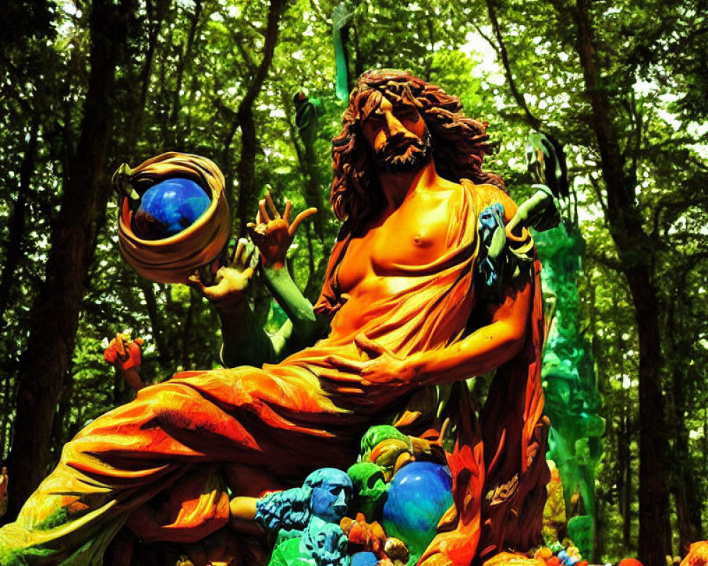 Colorful Bearded Man Statue with Globe in Forest Setting