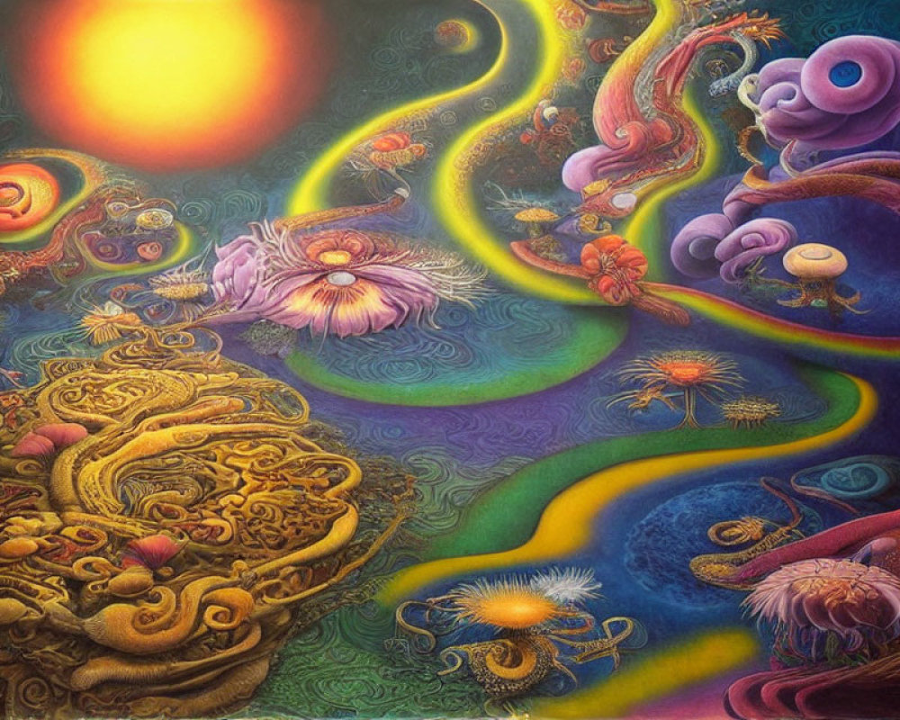 Colorful surreal landscape with snail-like creature and swirling paths