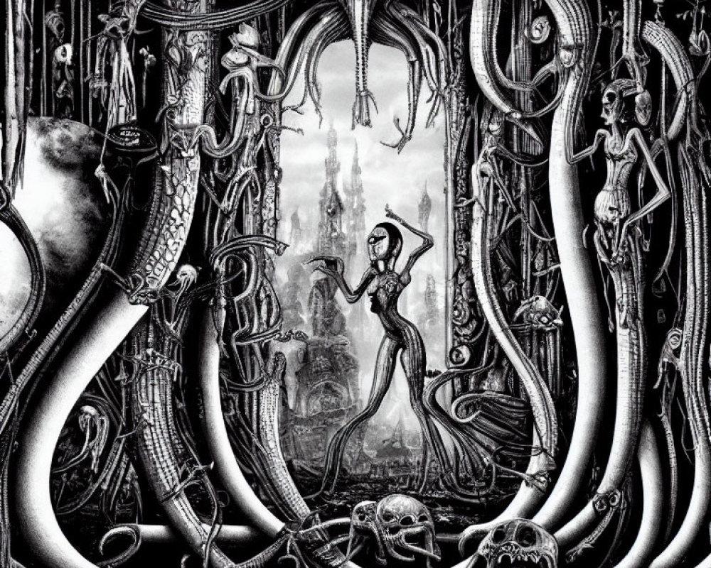 Monochrome fantasy illustration with tentacles, skeletal figures, and surreal architecture.