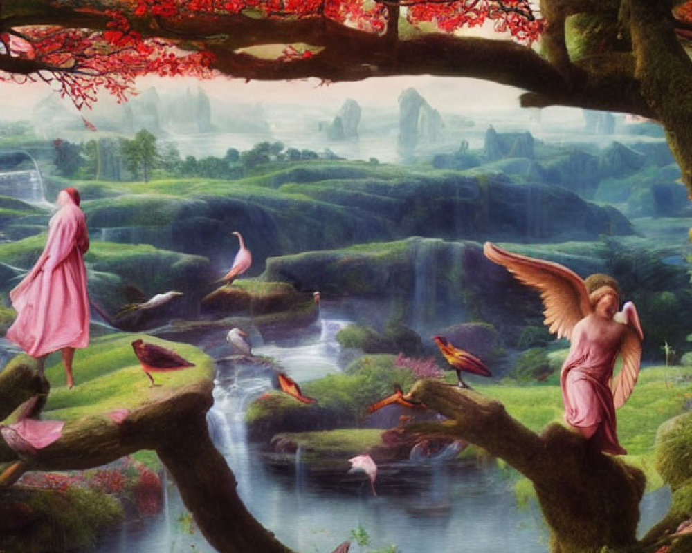 Vibrant red trees, woman in pink cloak, birds in mystical landscape