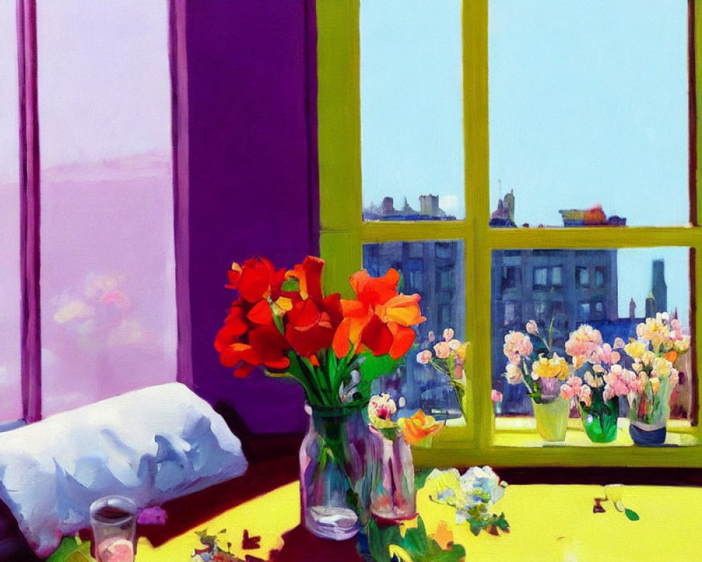 Vibrant painting of vase with red flowers on yellow table overlooking cityscape through window